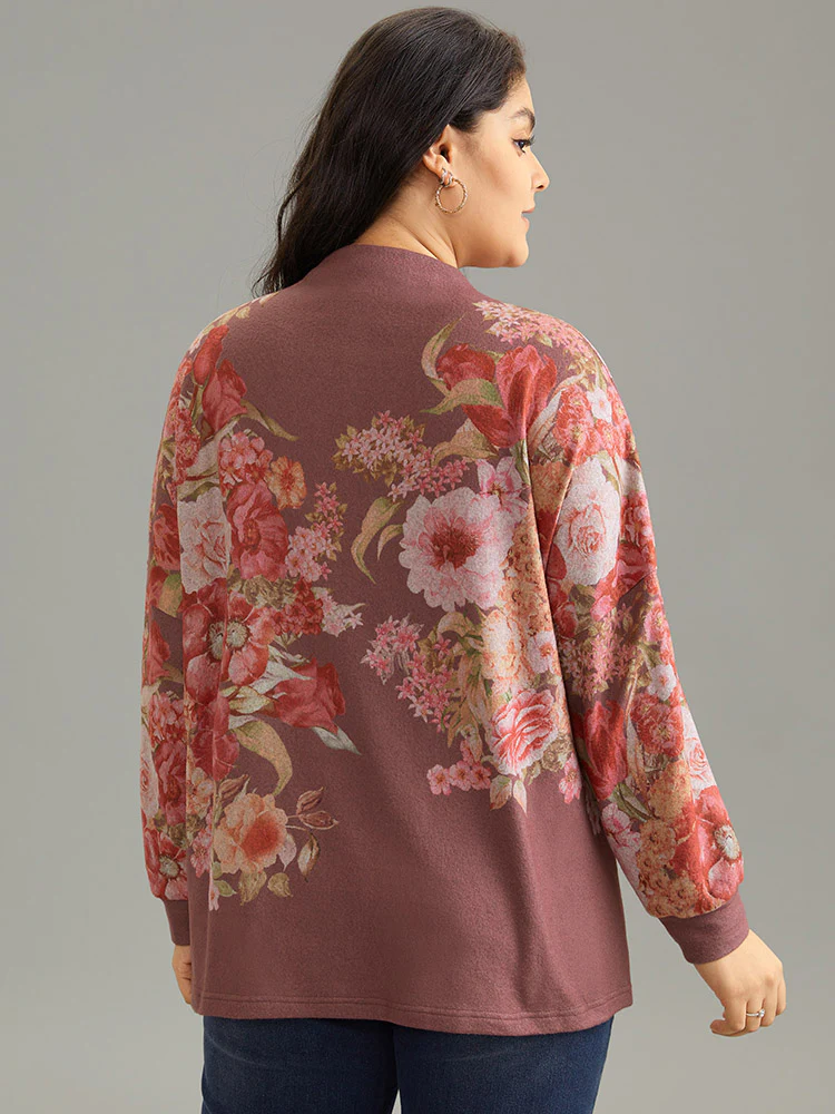 Floral Print Mock Neck Elastic Cuffs Sweatshirt - Image 2