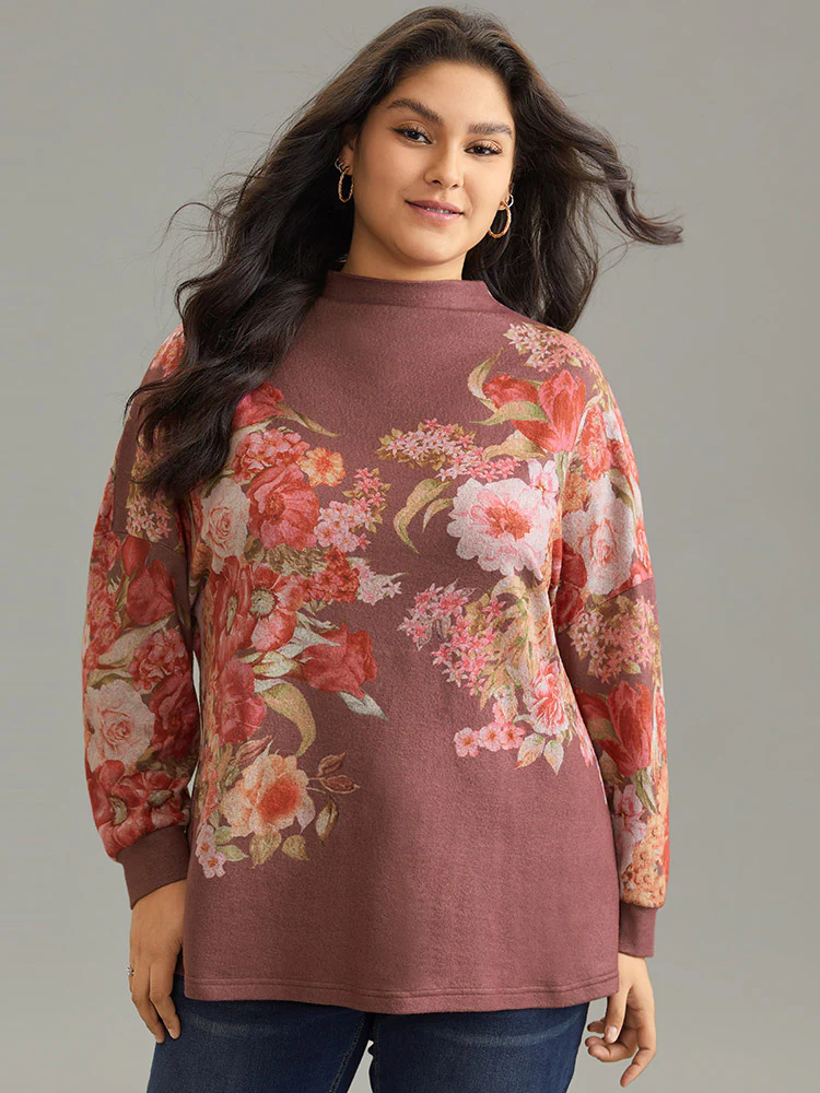 Floral Print Mock Neck Elastic Cuffs Sweatshirt - Image 3