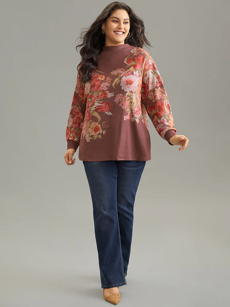 Floral Print Mock Neck Elastic Cuffs Sweatshirt - Image 4