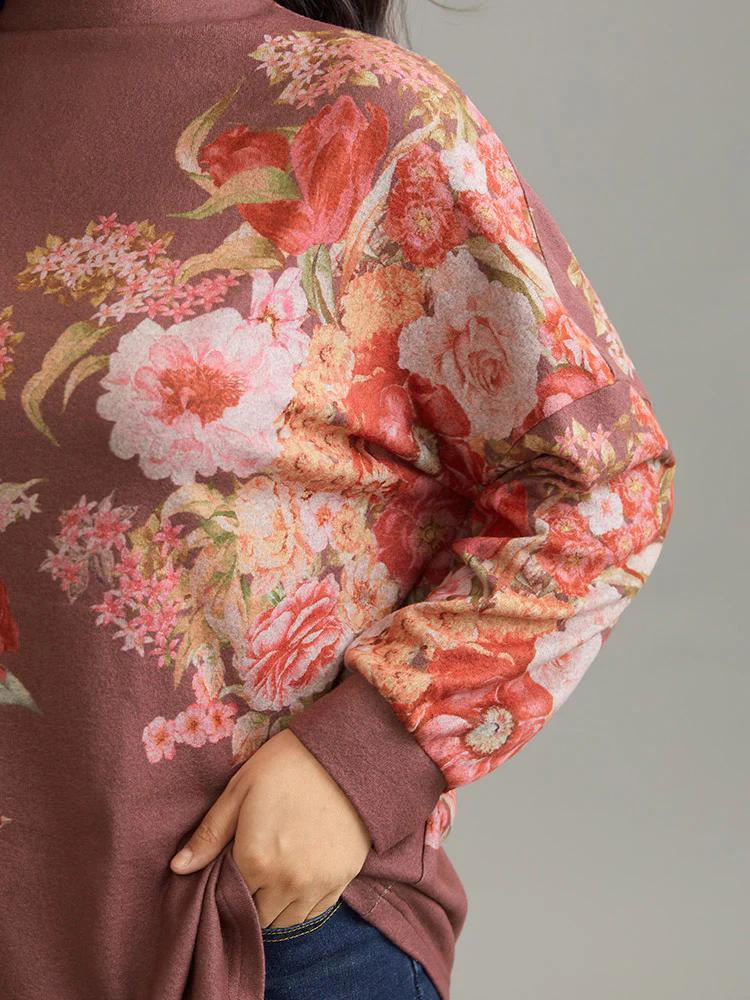 Floral Print Mock Neck Elastic Cuffs Sweatshirt - Image 5