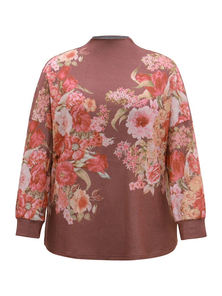 Floral Print Mock Neck Elastic Cuffs Sweatshirt - Image 6