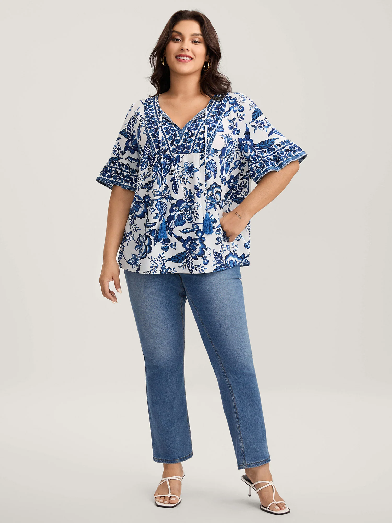 Floral Print Neck Tassels Blouse - Image 3