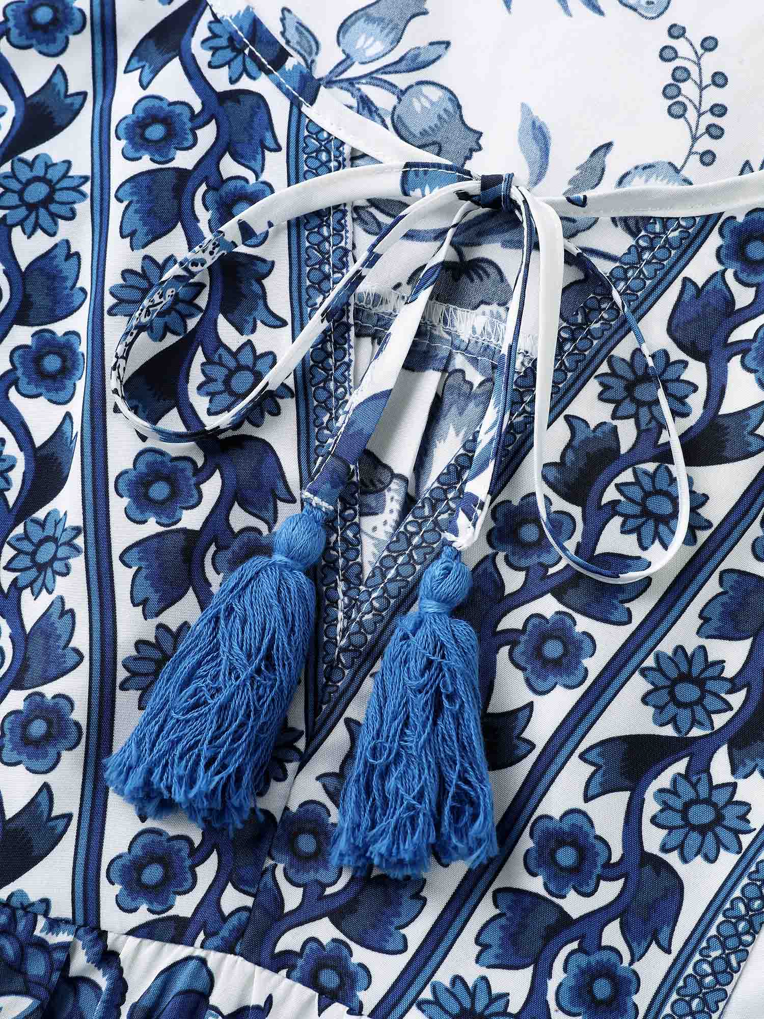 Floral Print Neck Tassels Blouse - Image 5