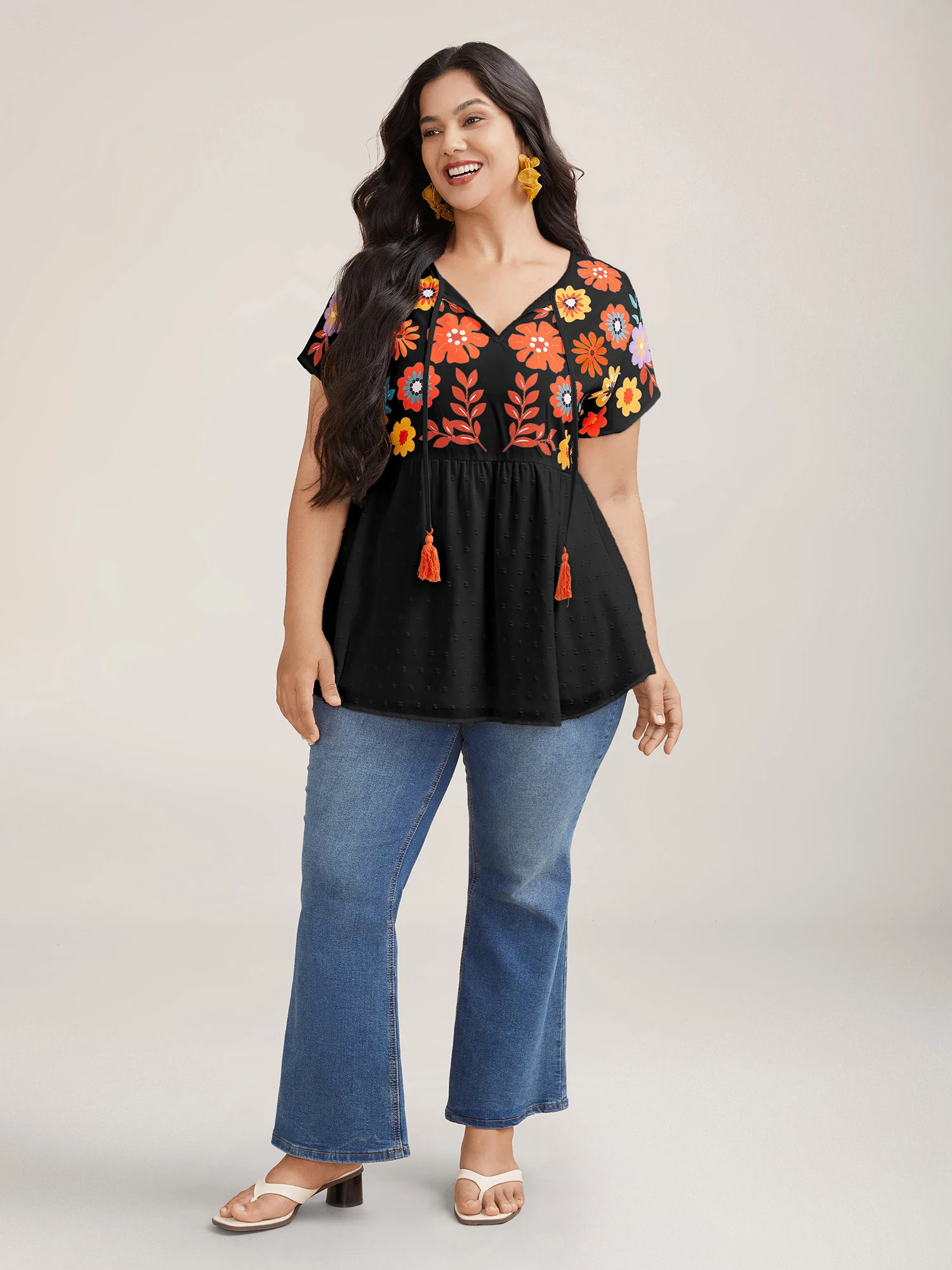 Floral Print Neck-Tie Babydoll Top - Image 12