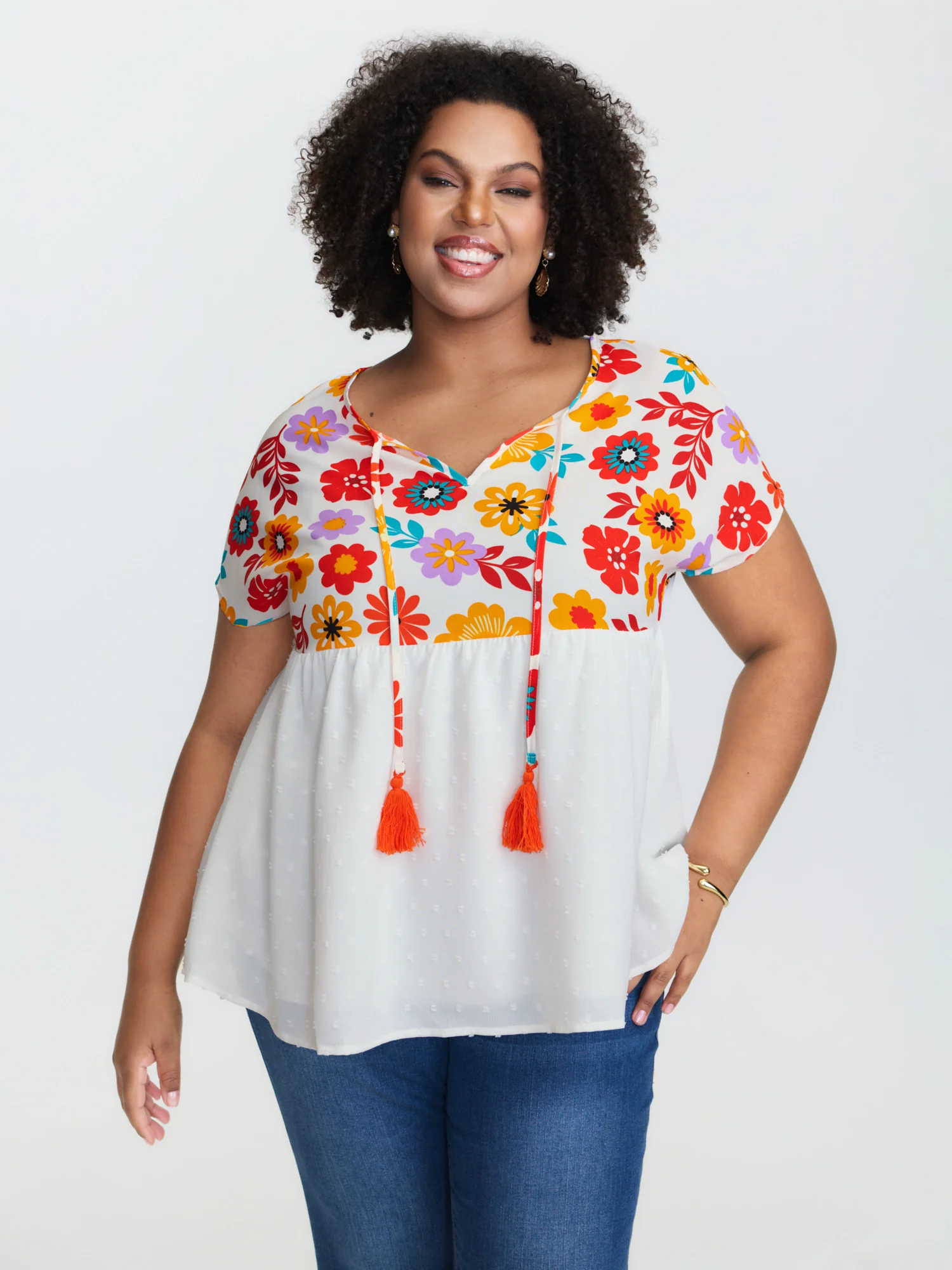 Floral Print Neck-Tie Babydoll Top - Image 2