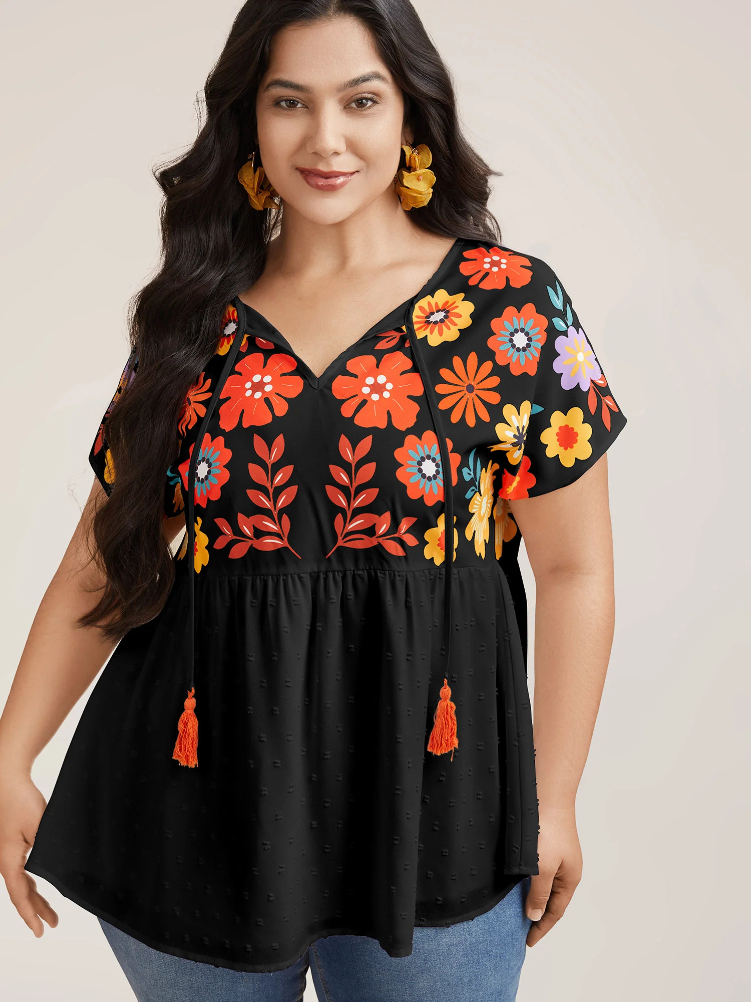 Floral Print Neck-Tie Babydoll Top - Image 9