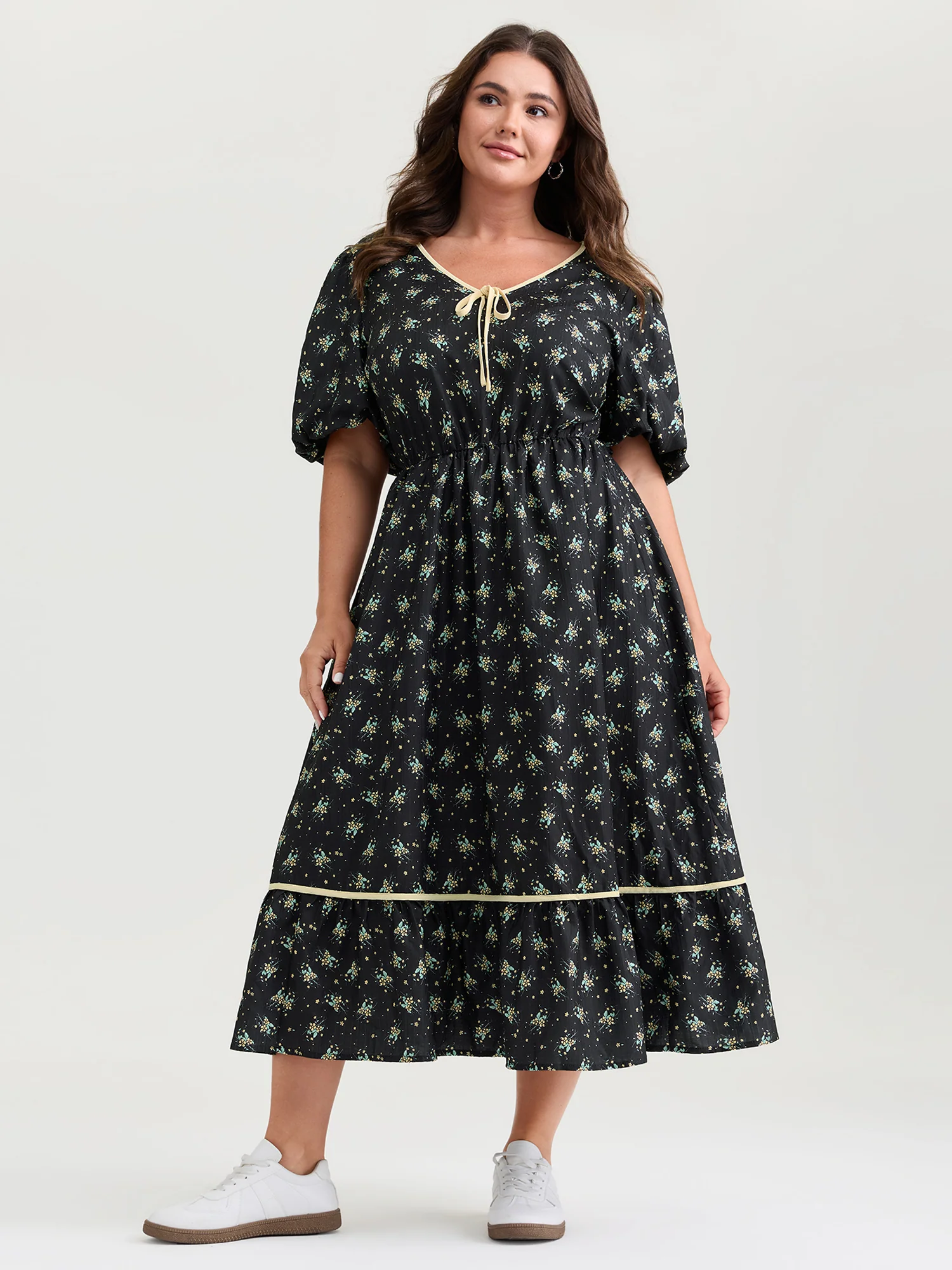 Floral Print Neck Tie Contrast Midi Dress - Image 3