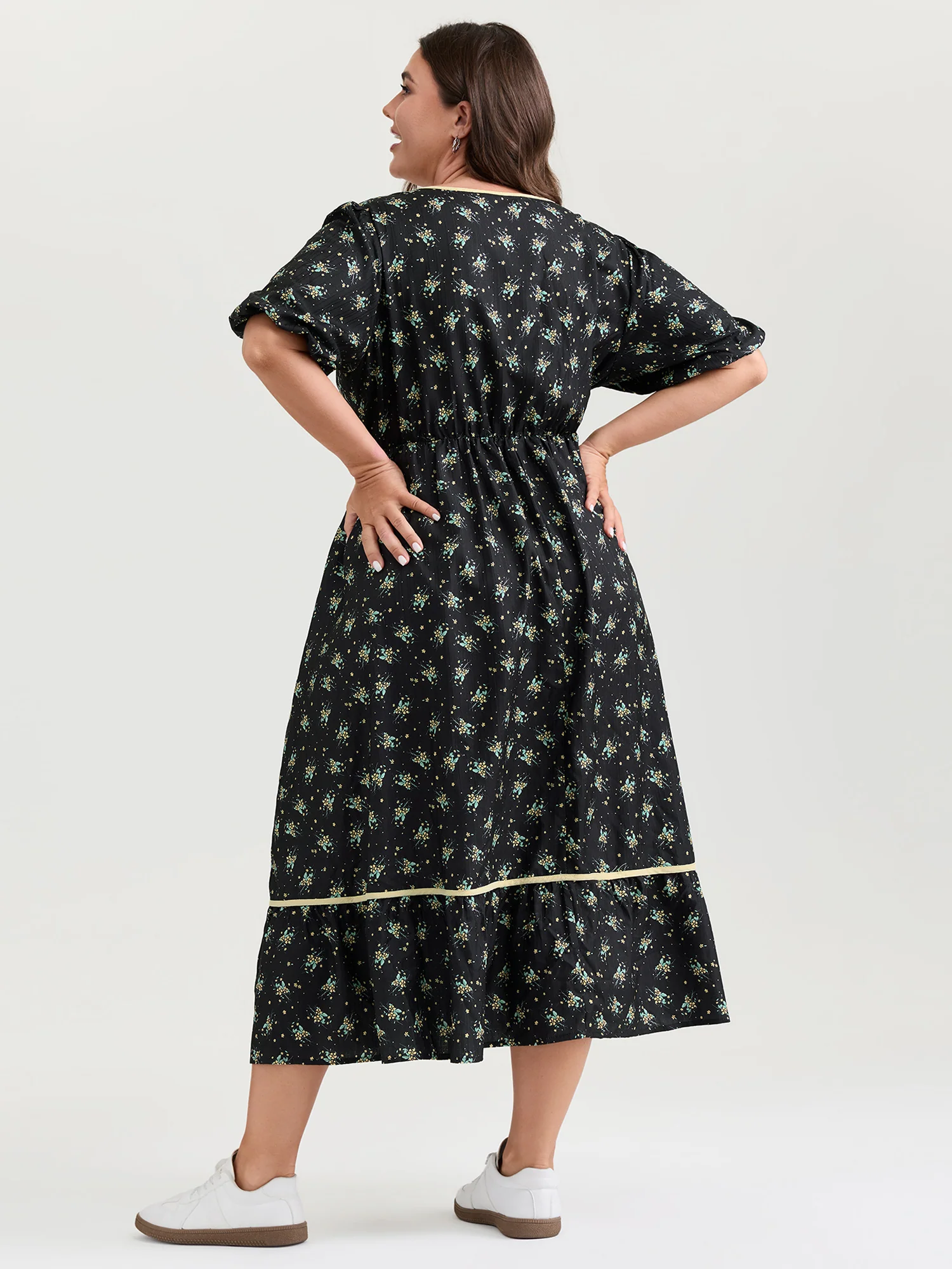 Floral Print Neck Tie Contrast Midi Dress - Image 4