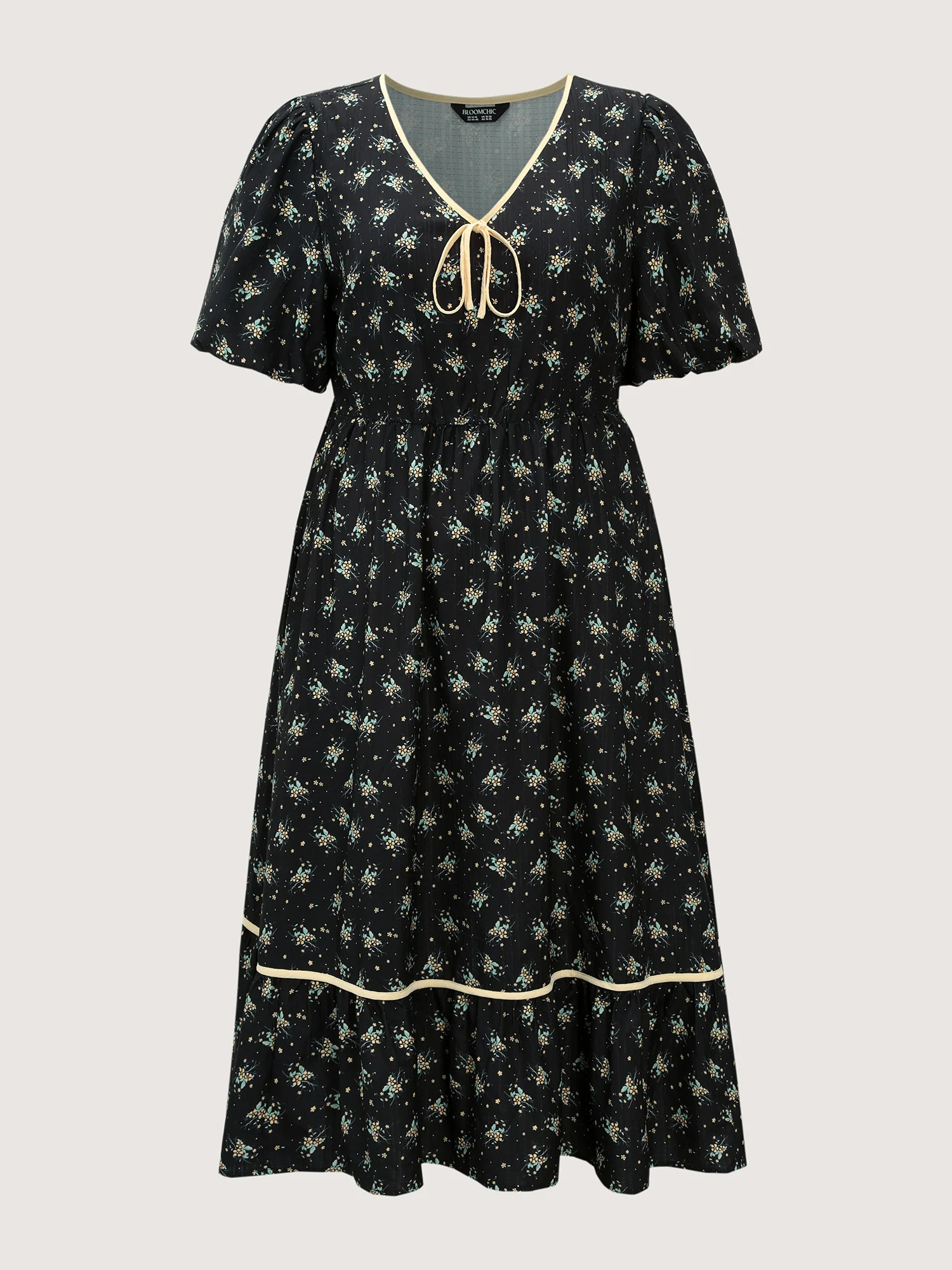 Floral Print Neck Tie Contrast Midi Dress - Image 7