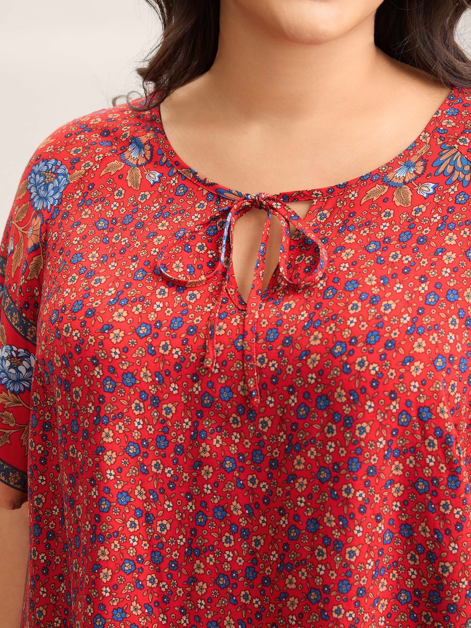 Floral Print Neck Tie Half Sleeve Blouse - Image 2