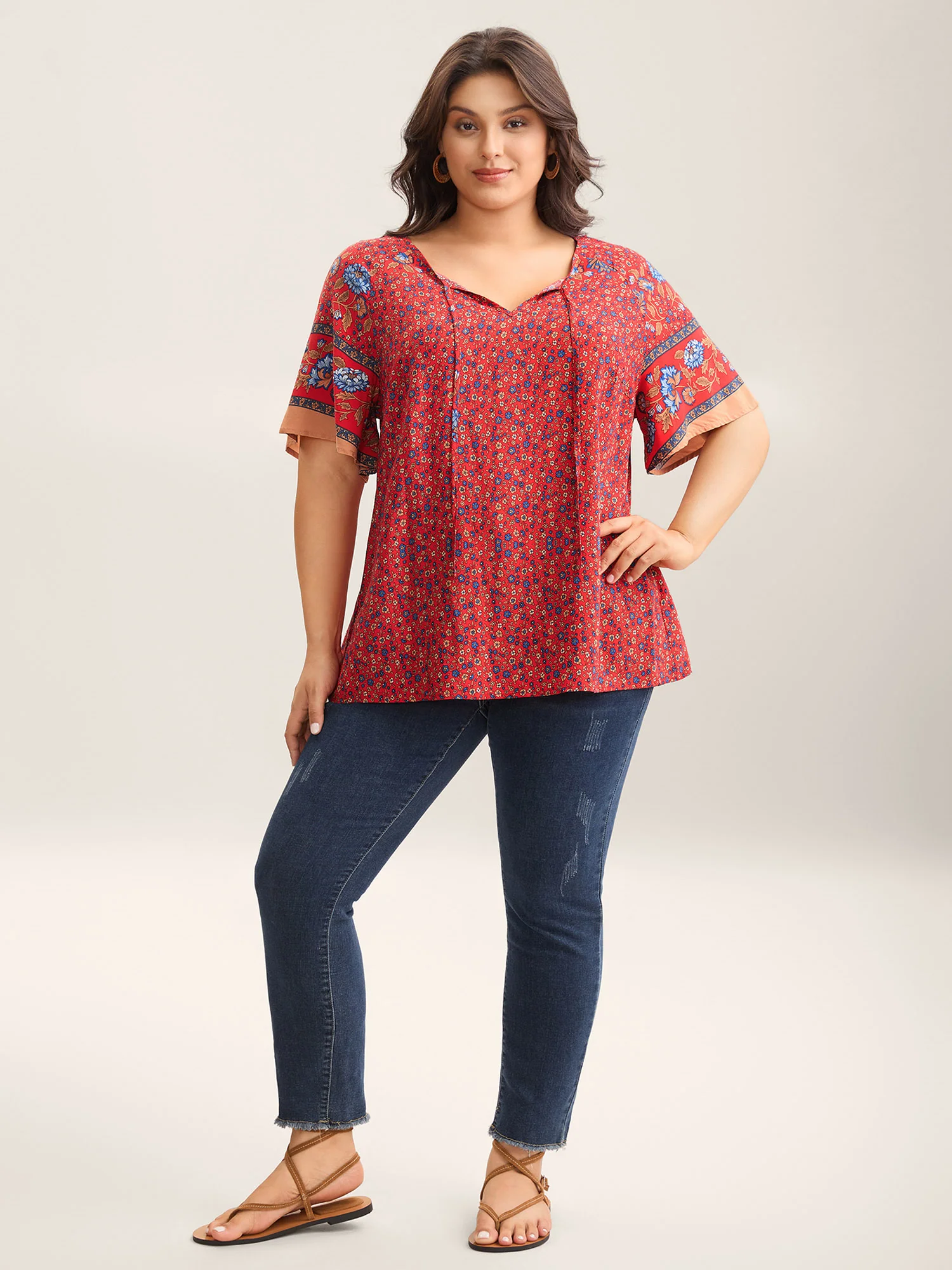 Floral Print Neck Tie Half Sleeve Blouse - Image 3