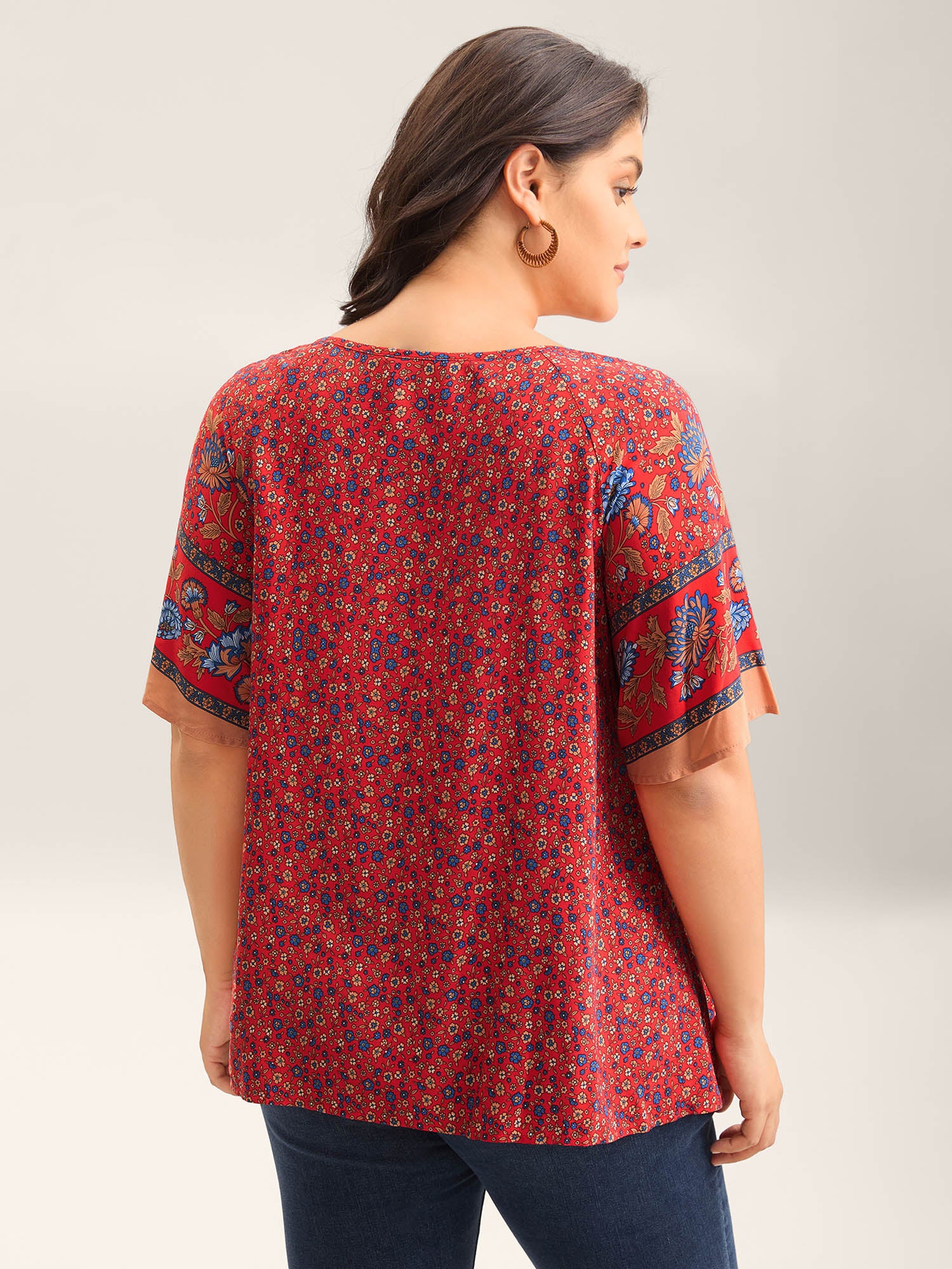 Floral Print Neck Tie Half Sleeve Blouse - Image 4