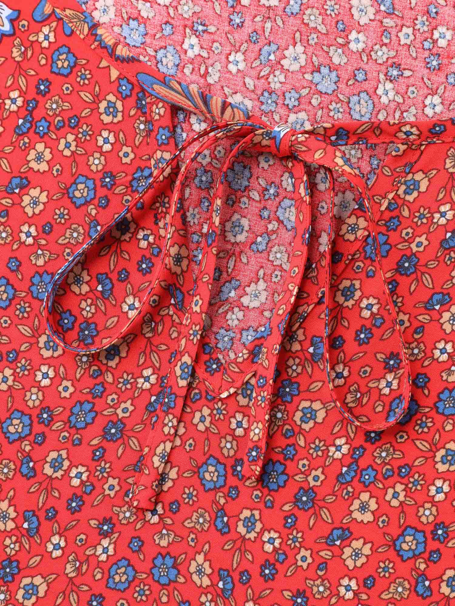 Floral Print Neck Tie Half Sleeve Blouse - Image 6