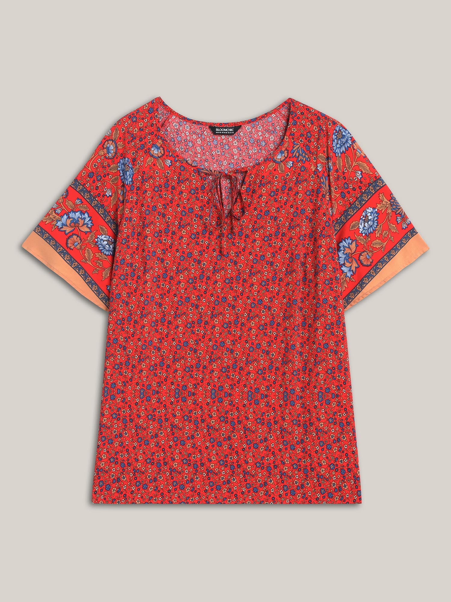 Floral Print Neck Tie Half Sleeve Blouse - Image 7