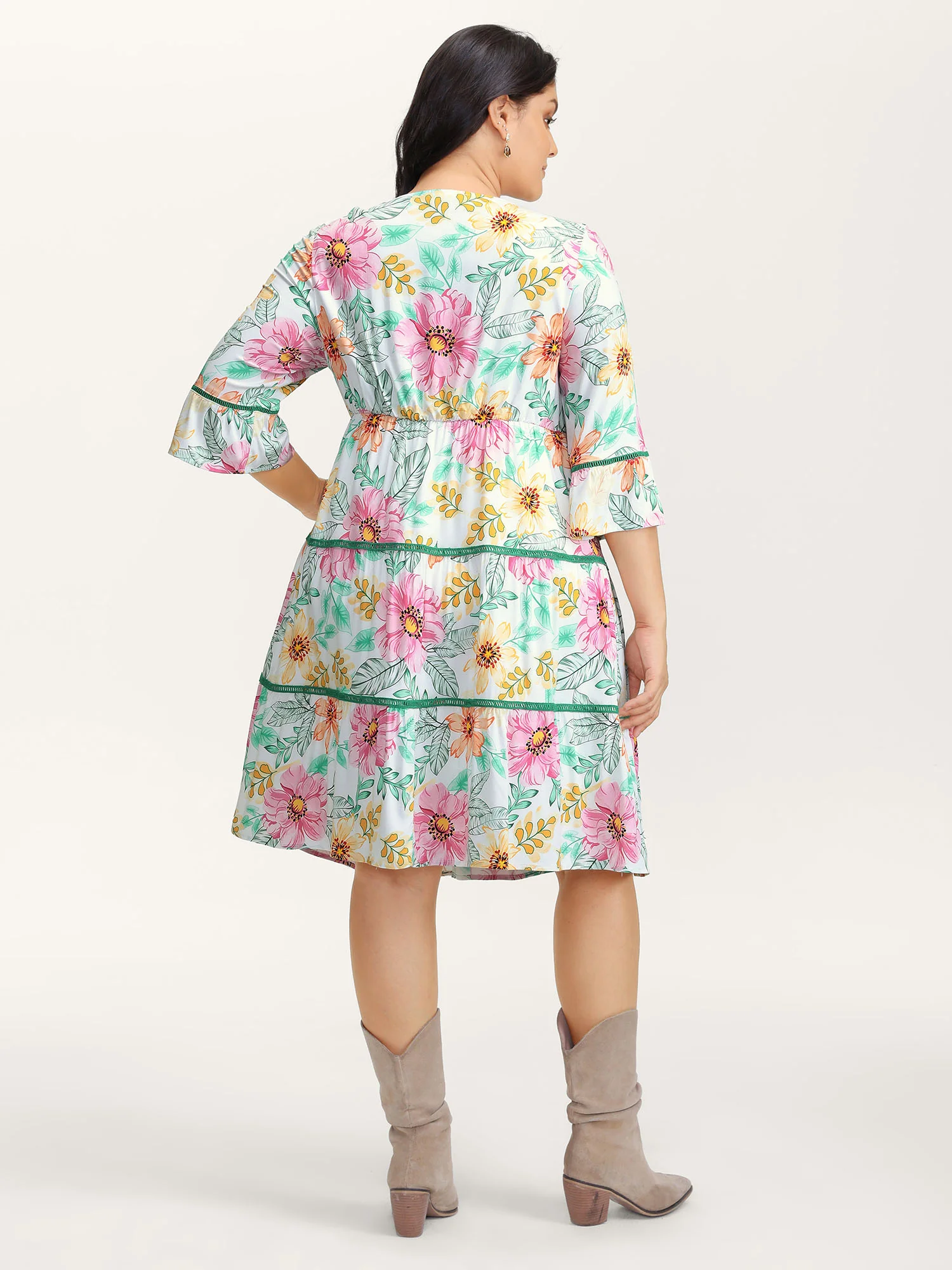 Floral Print Neck-Tie Tiered Knee Dress - Image 4