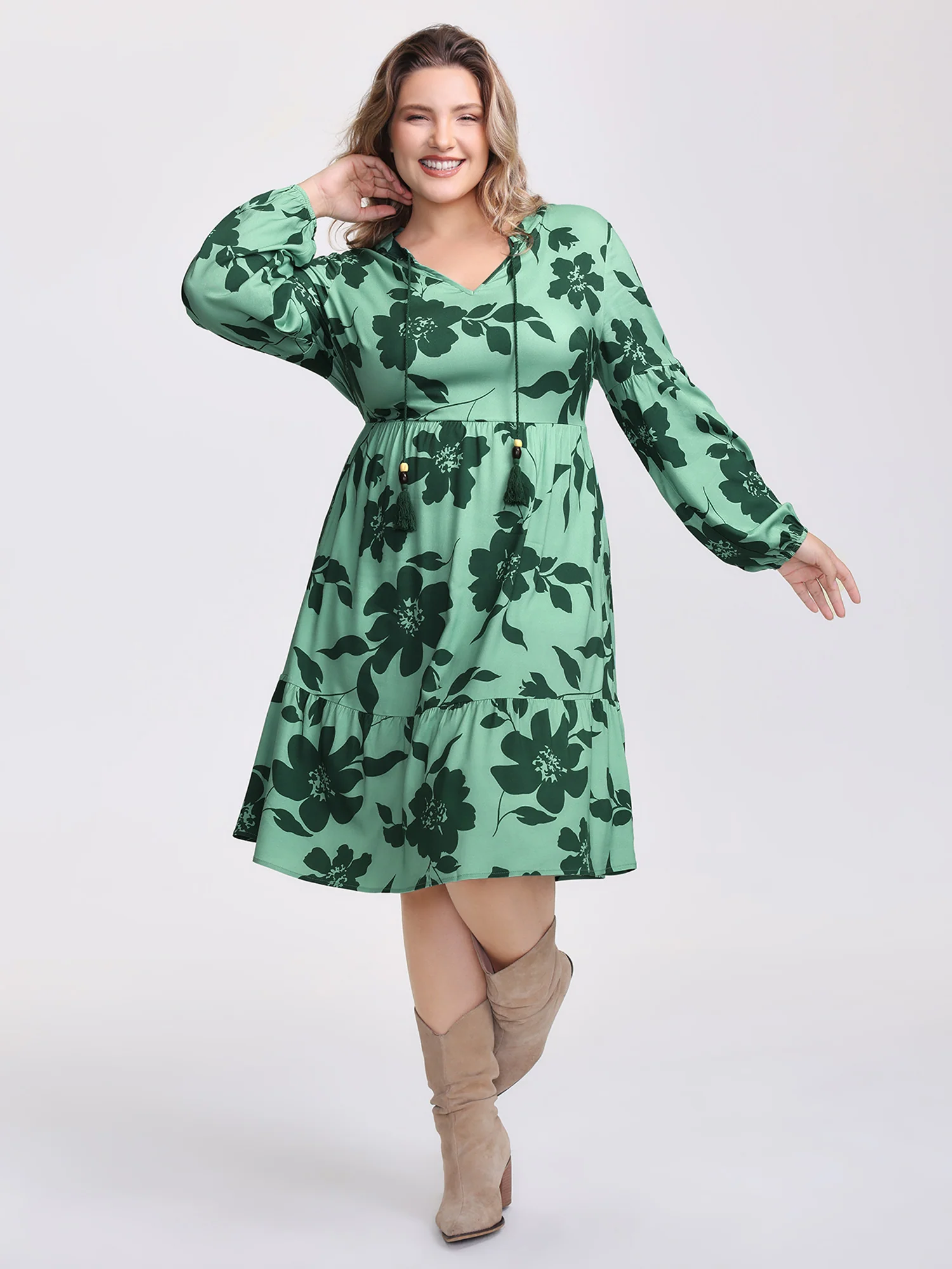 Floral Print Neck-Tie Tiered Midi Dress - Image 4