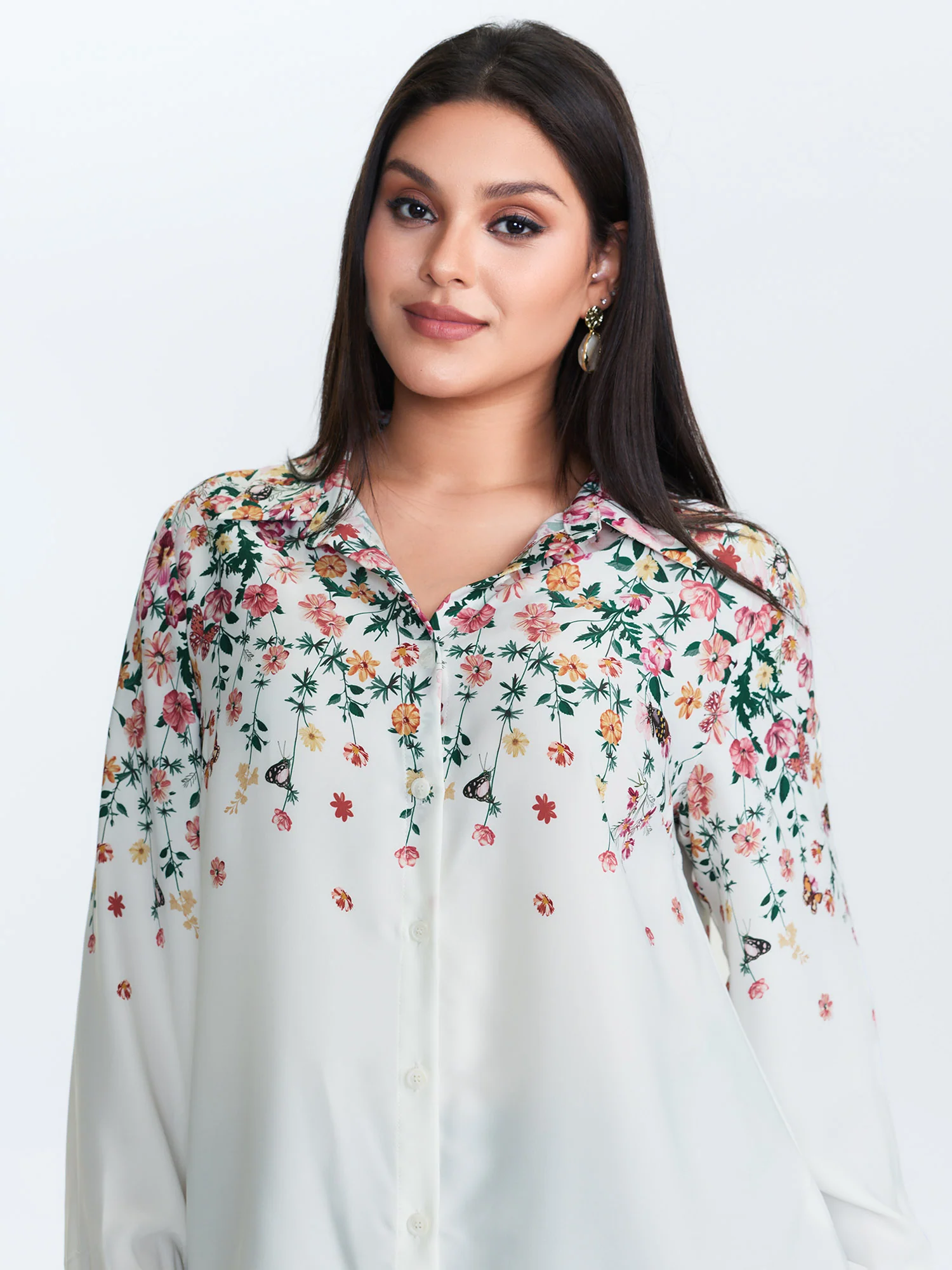 Floral Print Neckline Button-Down Blouse - Image 3