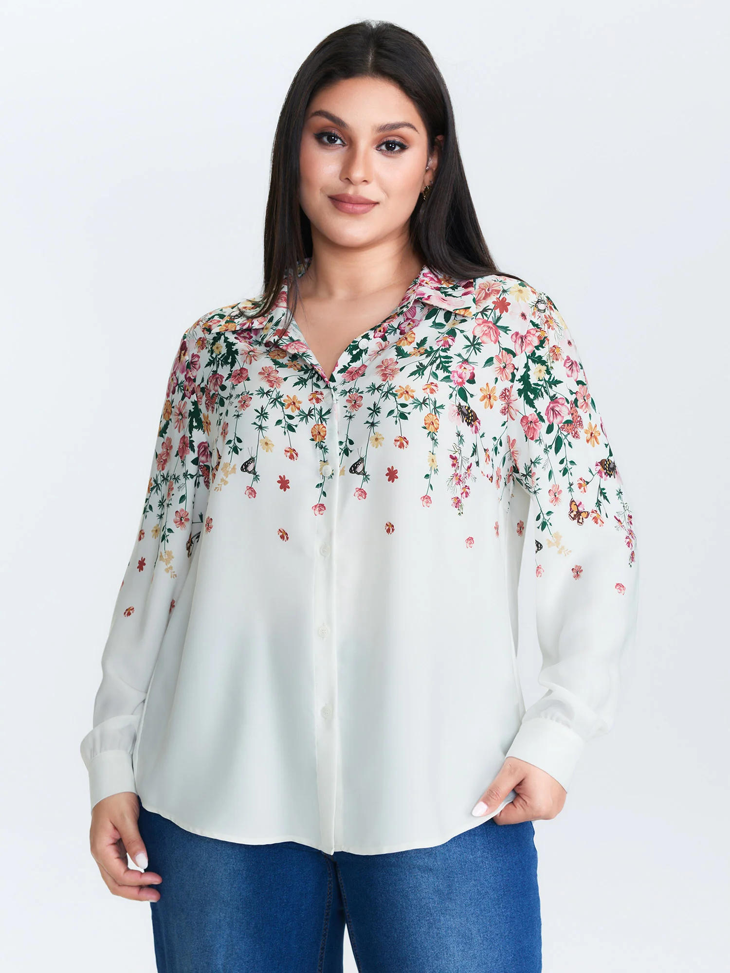 Floral Print Neckline Button-Down Blouse - Image 4