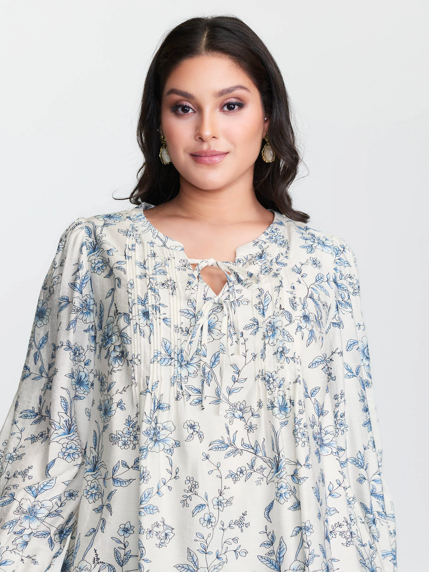 Floral Print Neckline Tie Blouse - Image 3