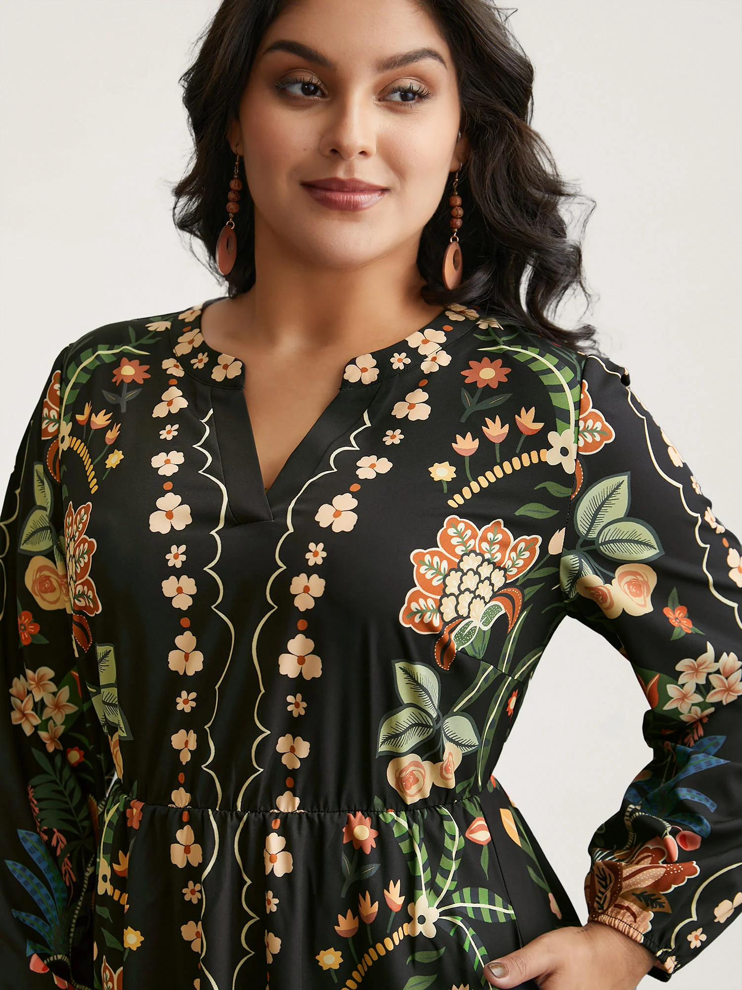 Floral Print Notched Collar Elastic Waist Dress - Image 2