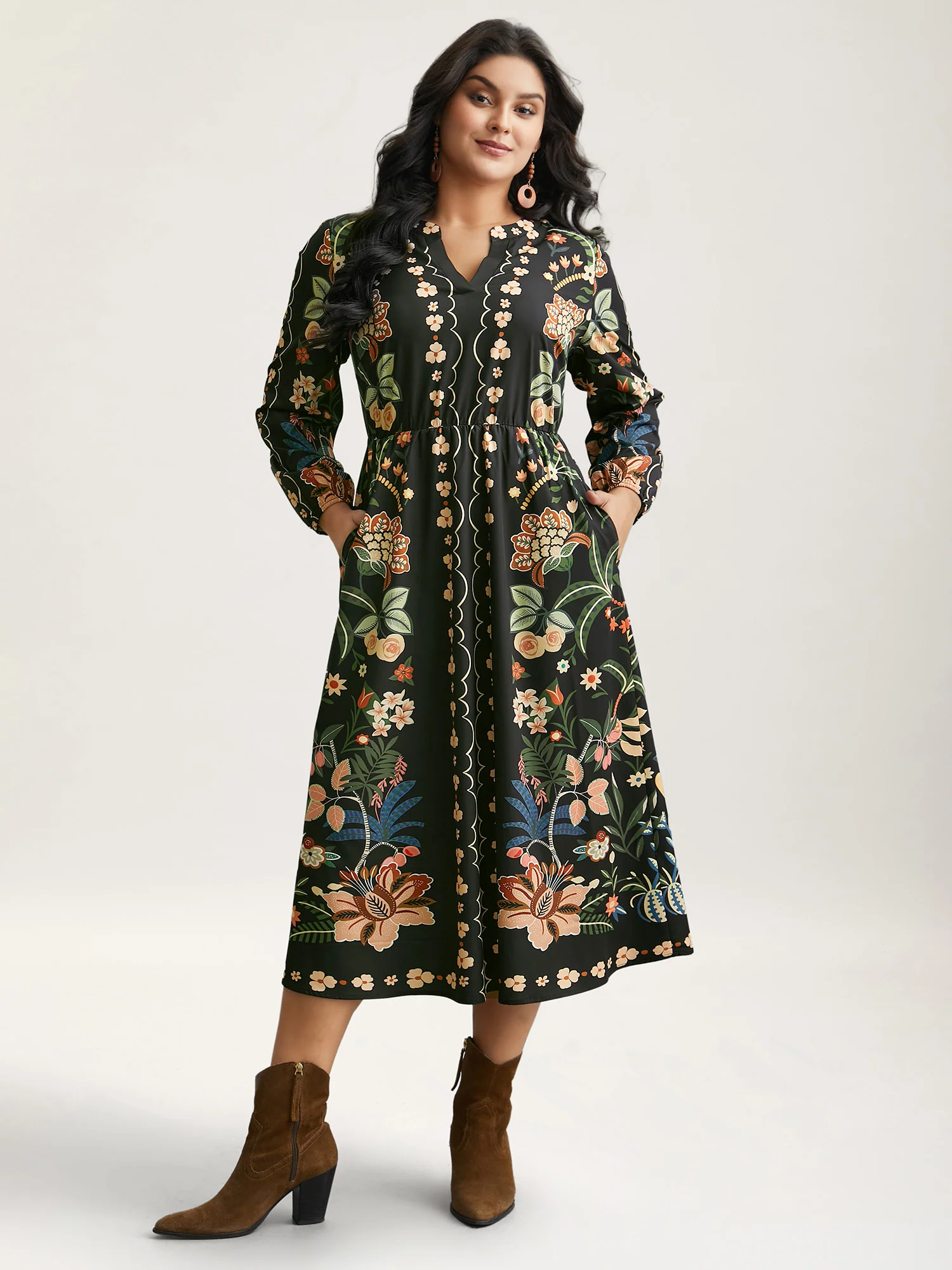 Floral Print Notched Collar Elastic Waist Dress - Image 3