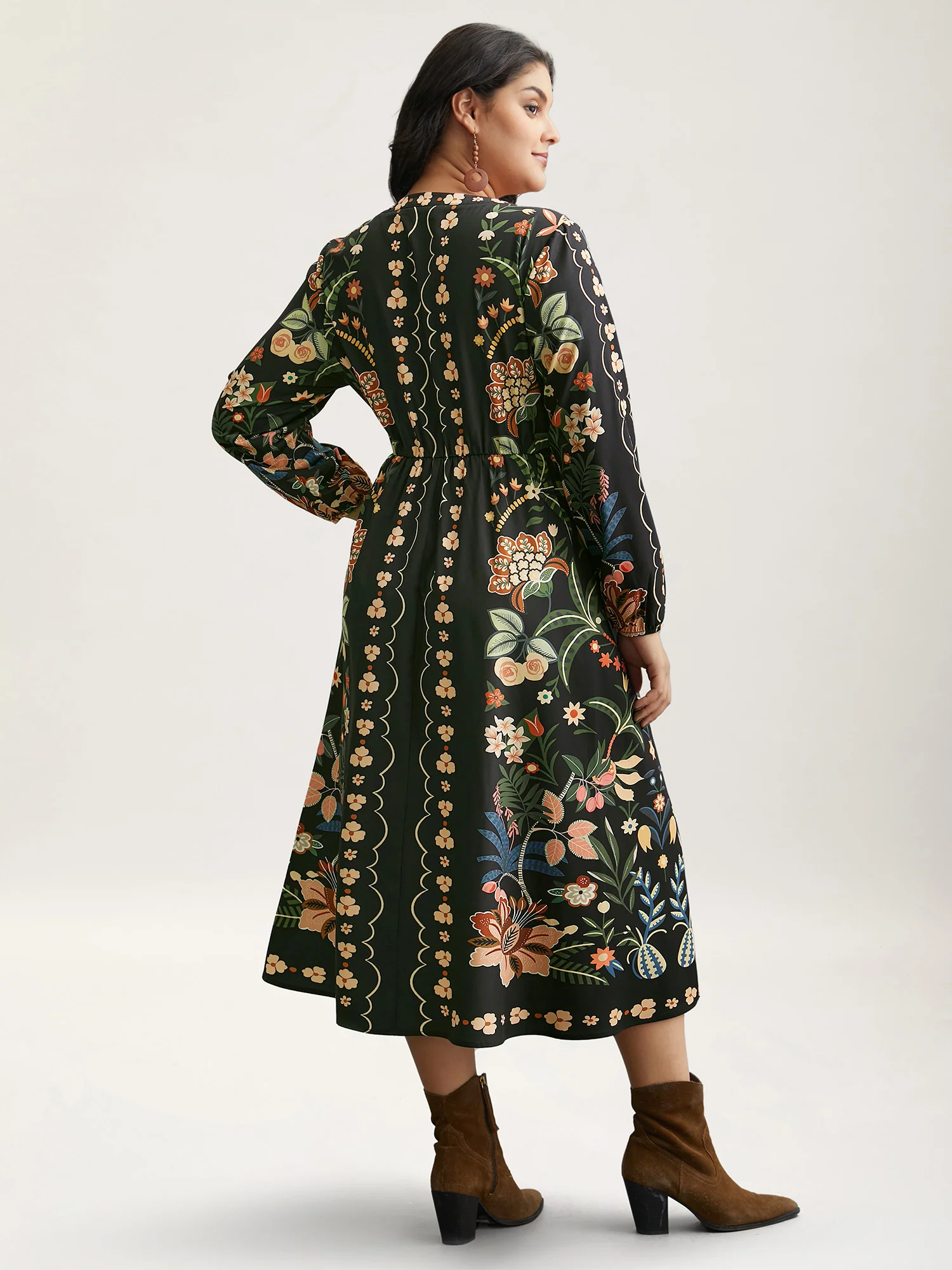 Floral Print Notched Collar Elastic Waist Dress - Image 4