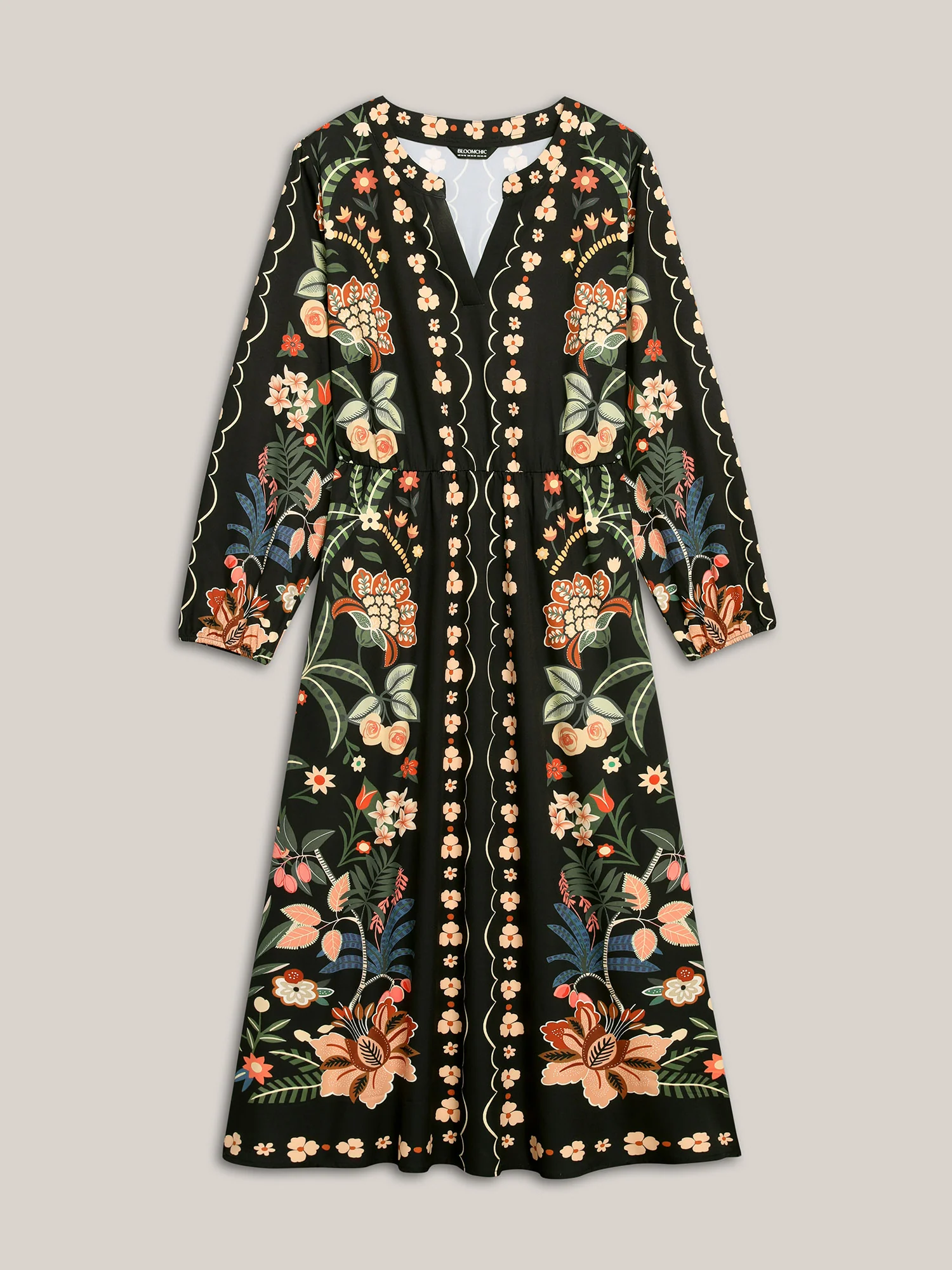 Floral Print Notched Collar Elastic Waist Dress - Image 5