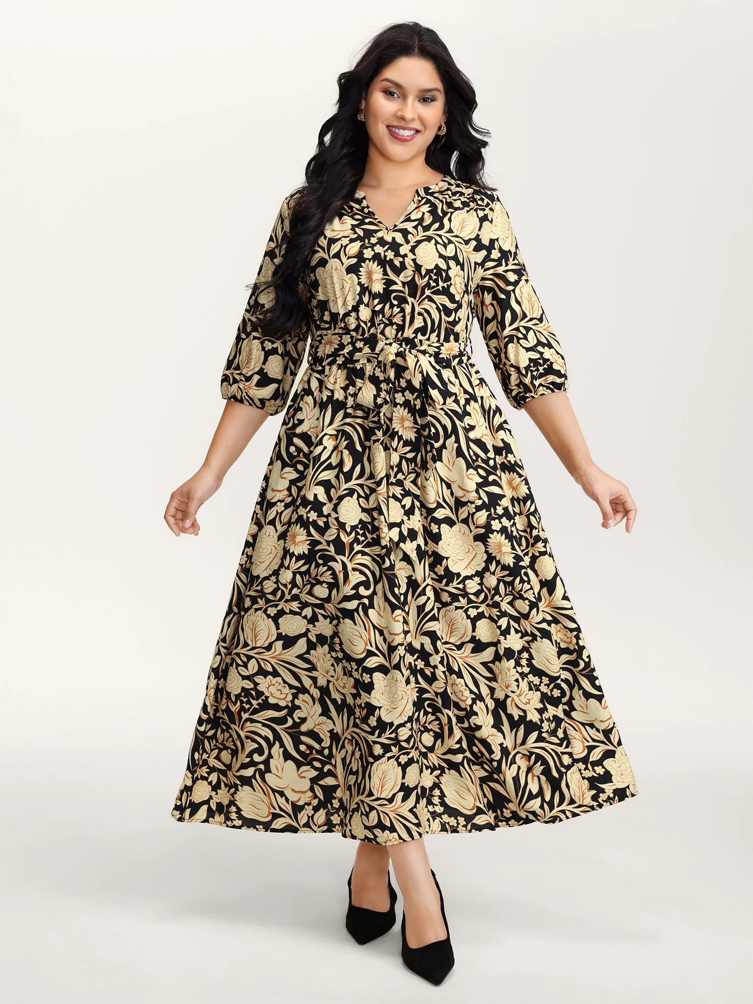 Floral Print Notched Collar Maxi Dress - Image 3