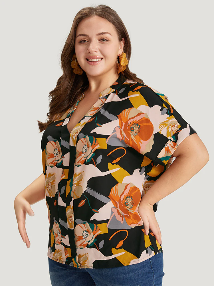 Floral Print Notched Cuffed Sleeve Blouse - Image 2