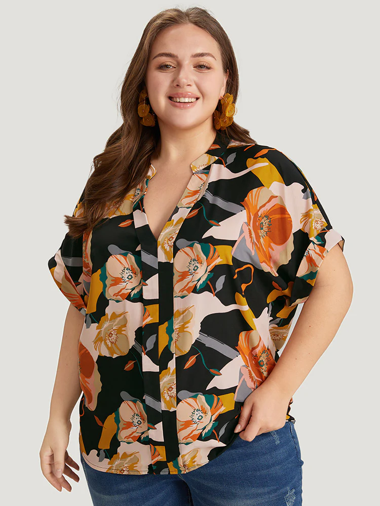 Floral Print Notched Cuffed Sleeve Blouse - Image 3