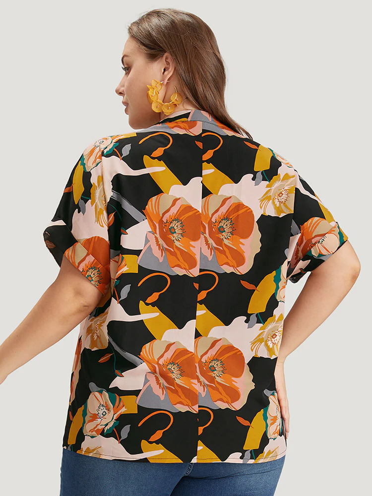 Floral Print Notched Cuffed Sleeve Blouse - Image 4