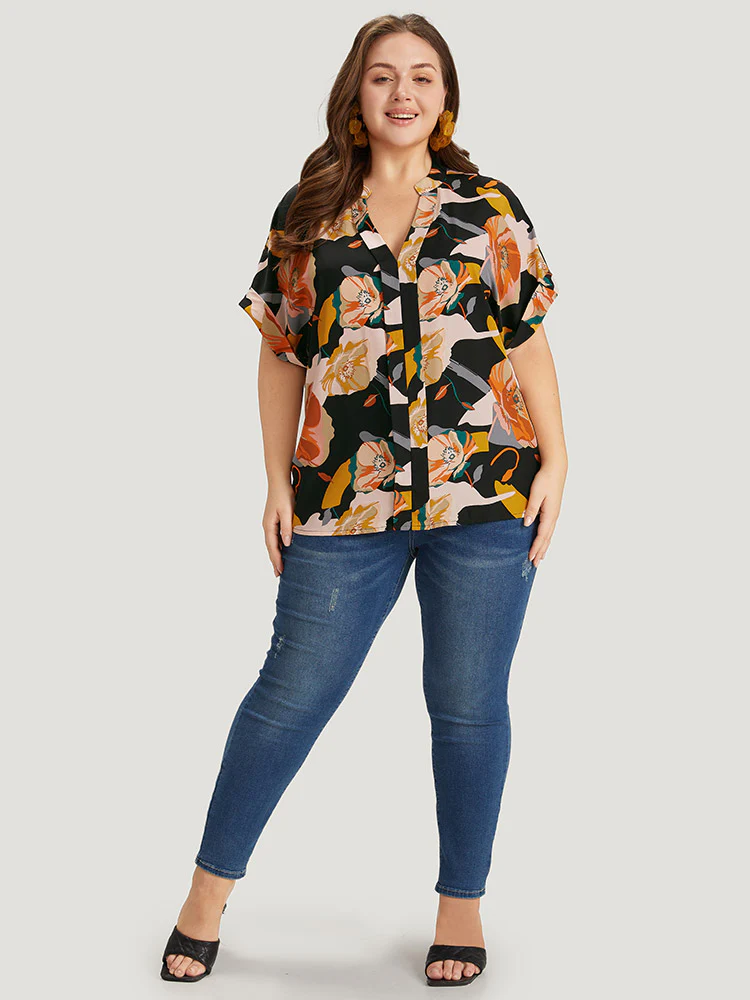 Floral Print Notched Cuffed Sleeve Blouse - Image 5