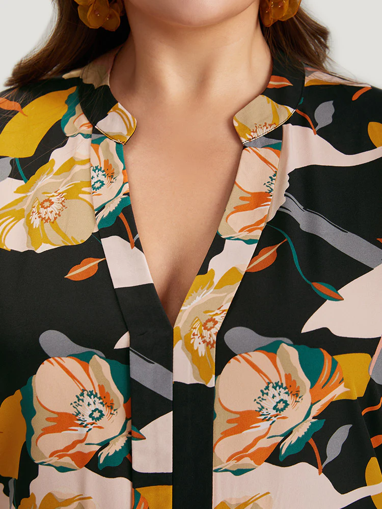 Floral Print Notched Cuffed Sleeve Blouse - Image 6