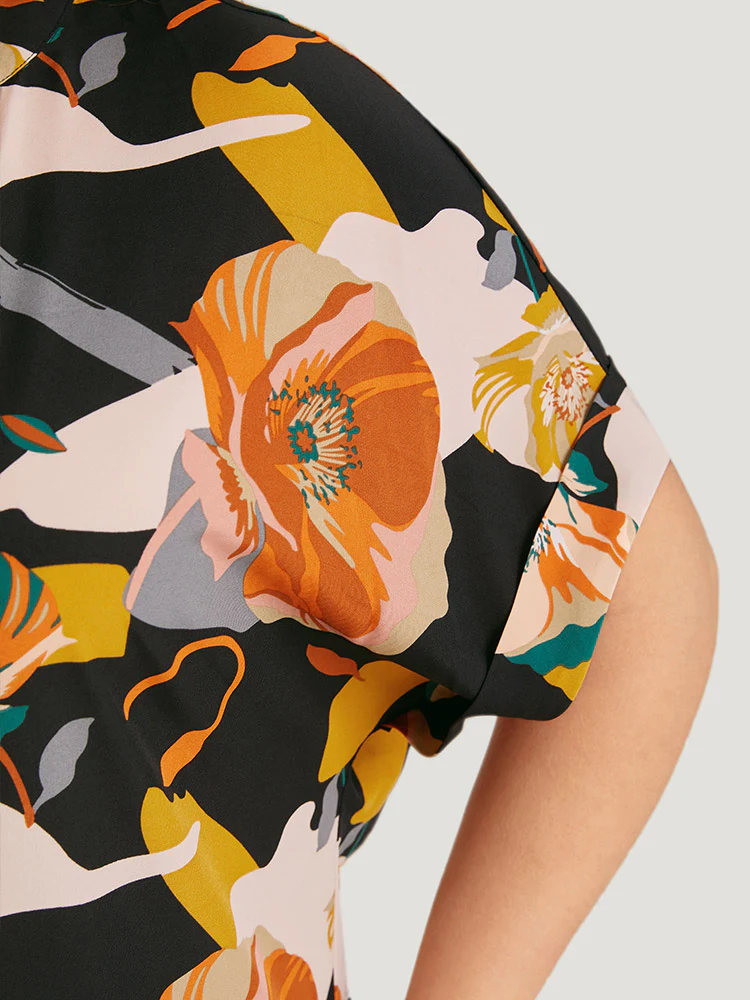 Floral Print Notched Cuffed Sleeve Blouse - Image 7