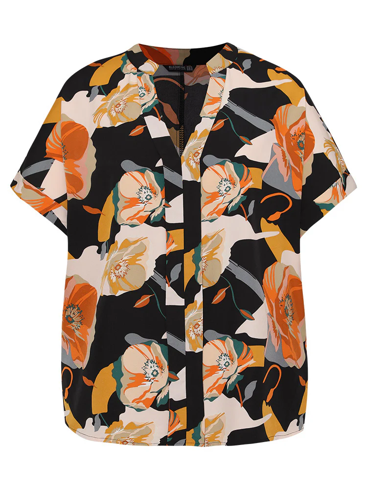 Floral Print Notched Cuffed Sleeve Blouse - Image 8