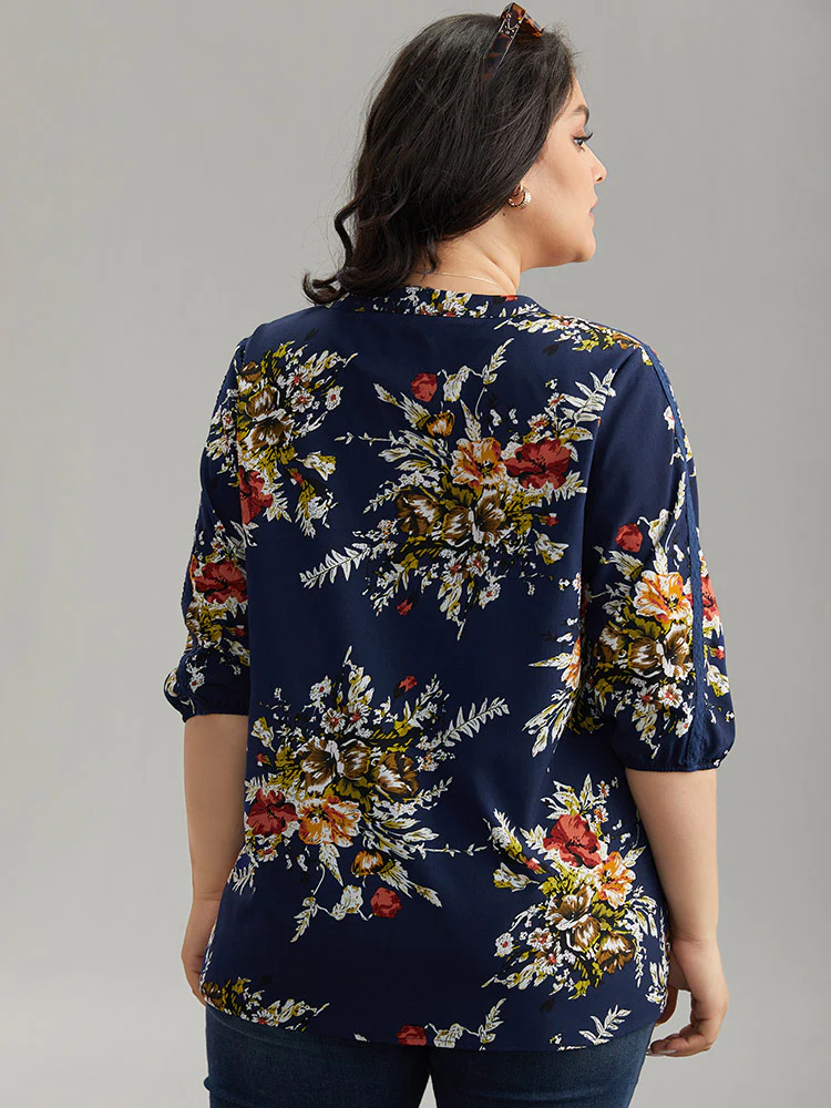 Floral Print Notched Elastic Cuffs Blouse - Image 2