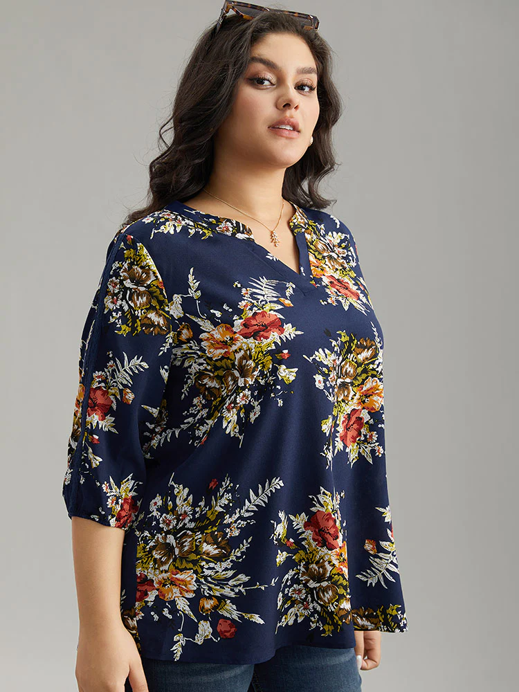Floral Print Notched Elastic Cuffs Blouse - Image 3