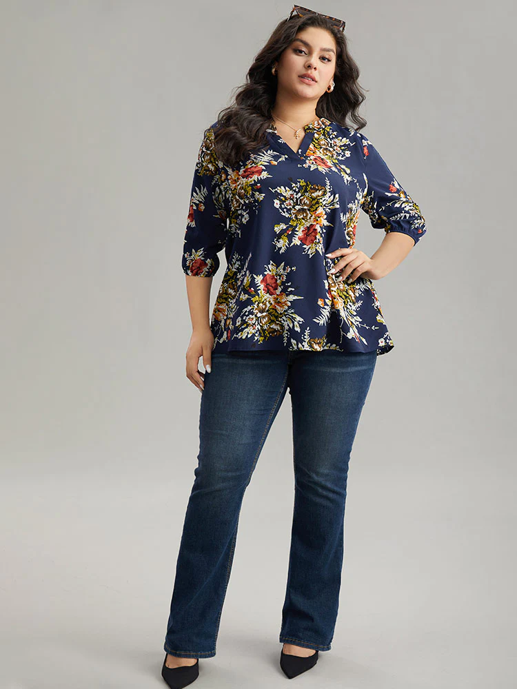 Floral Print Notched Elastic Cuffs Blouse - Image 4