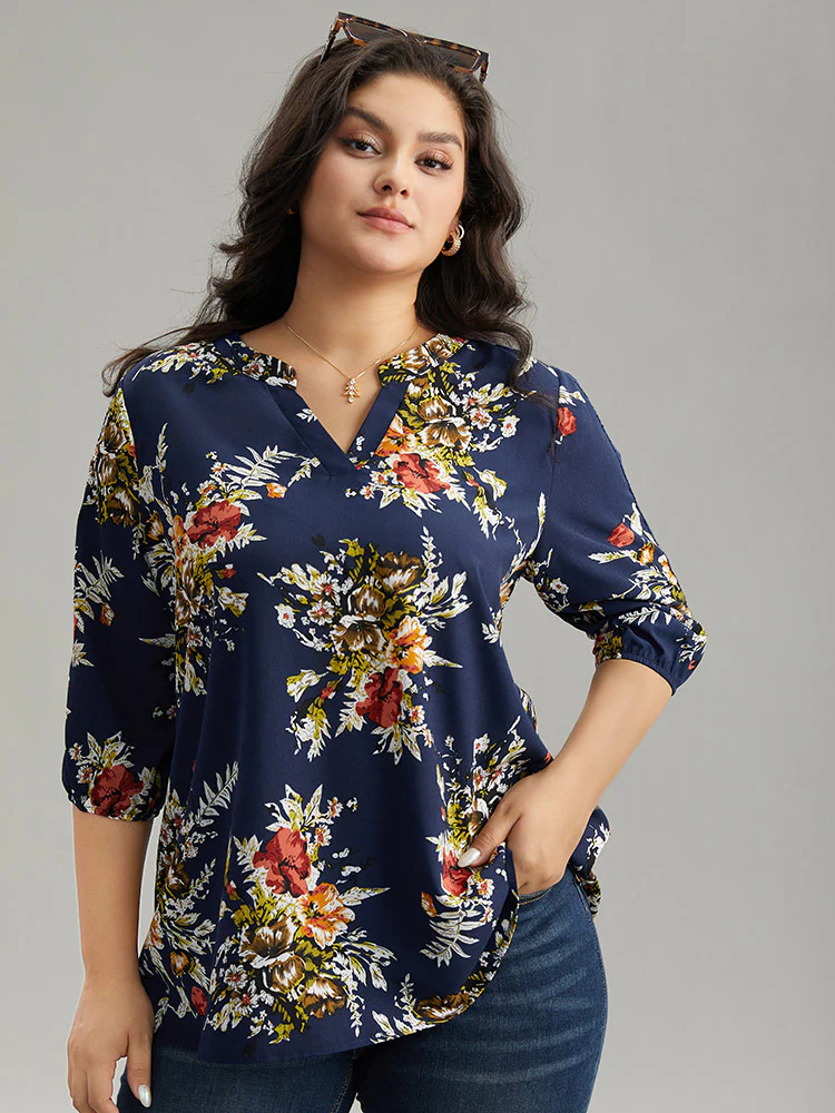 Floral Print Notched Elastic Cuffs Blouse - Image 5