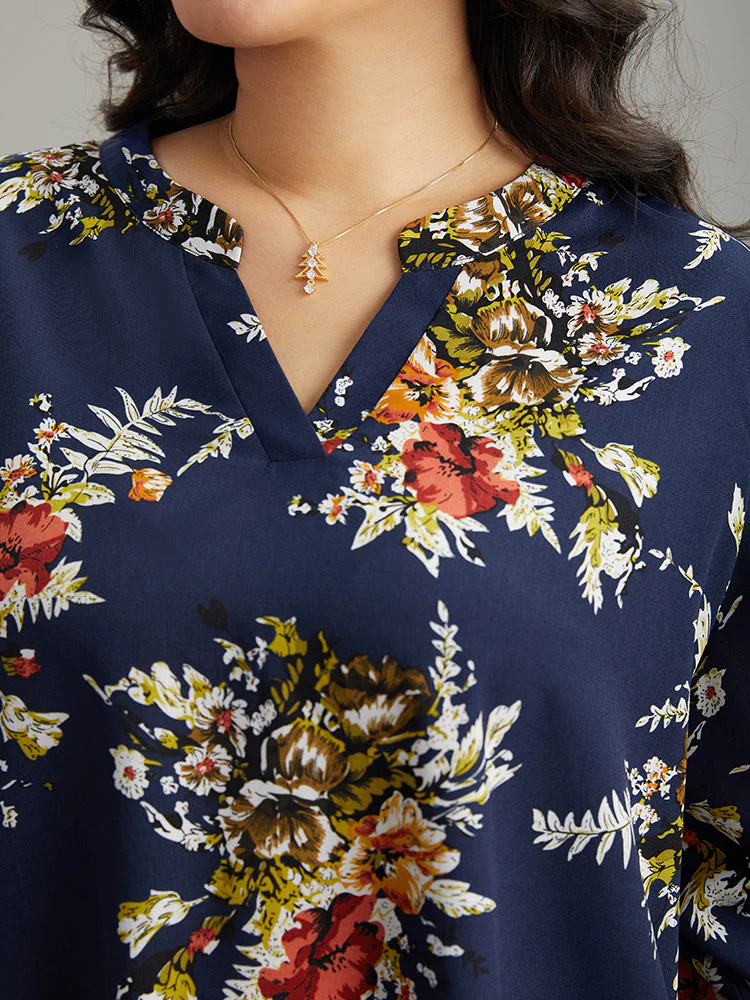 Floral Print Notched Elastic Cuffs Blouse - Image 6