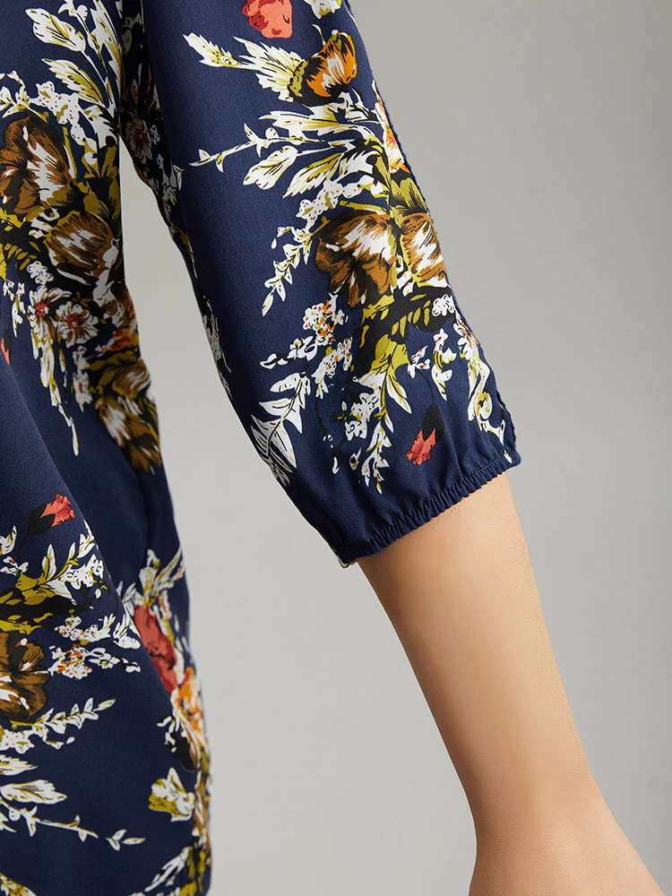Floral Print Notched Elastic Cuffs Blouse - Image 7