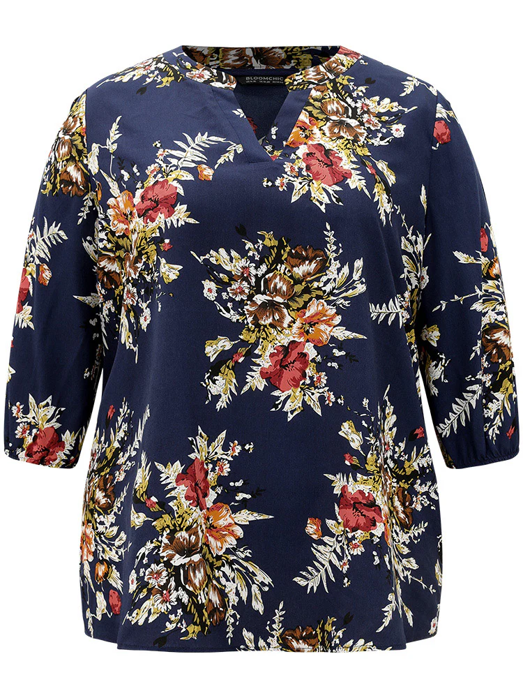 Floral Print Notched Elastic Cuffs Blouse - Image 8