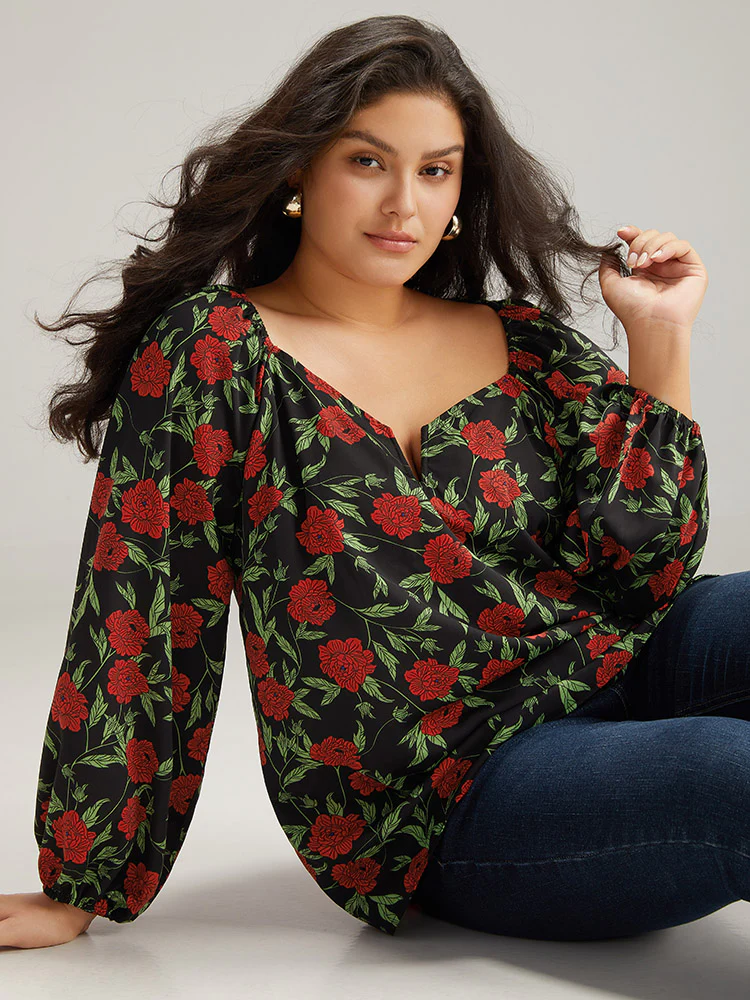 Floral Print Notched Lantern Sleeve Blouse - Image 2