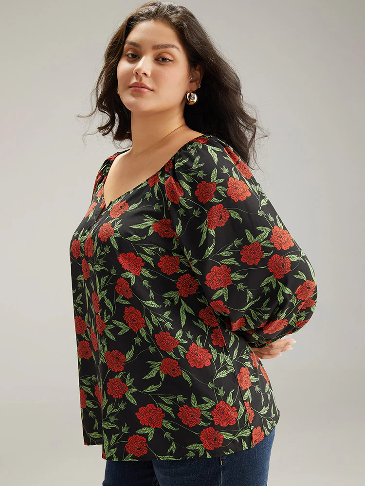Floral Print Notched Lantern Sleeve Blouse - Image 3