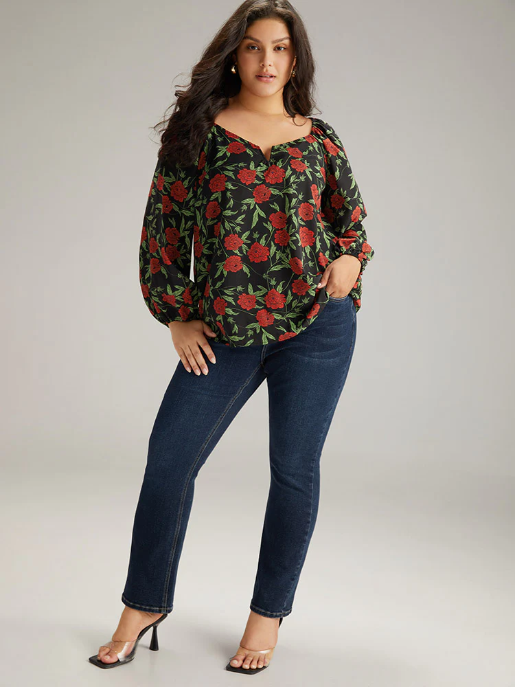 Floral Print Notched Lantern Sleeve Blouse - Image 4
