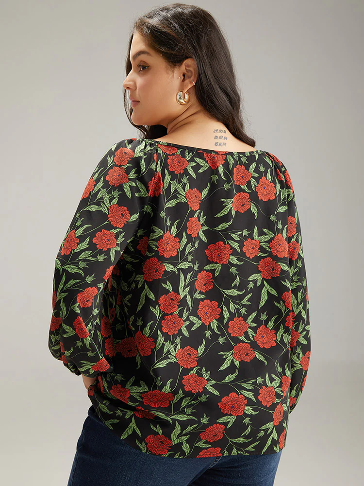 Floral Print Notched Lantern Sleeve Blouse - Image 5