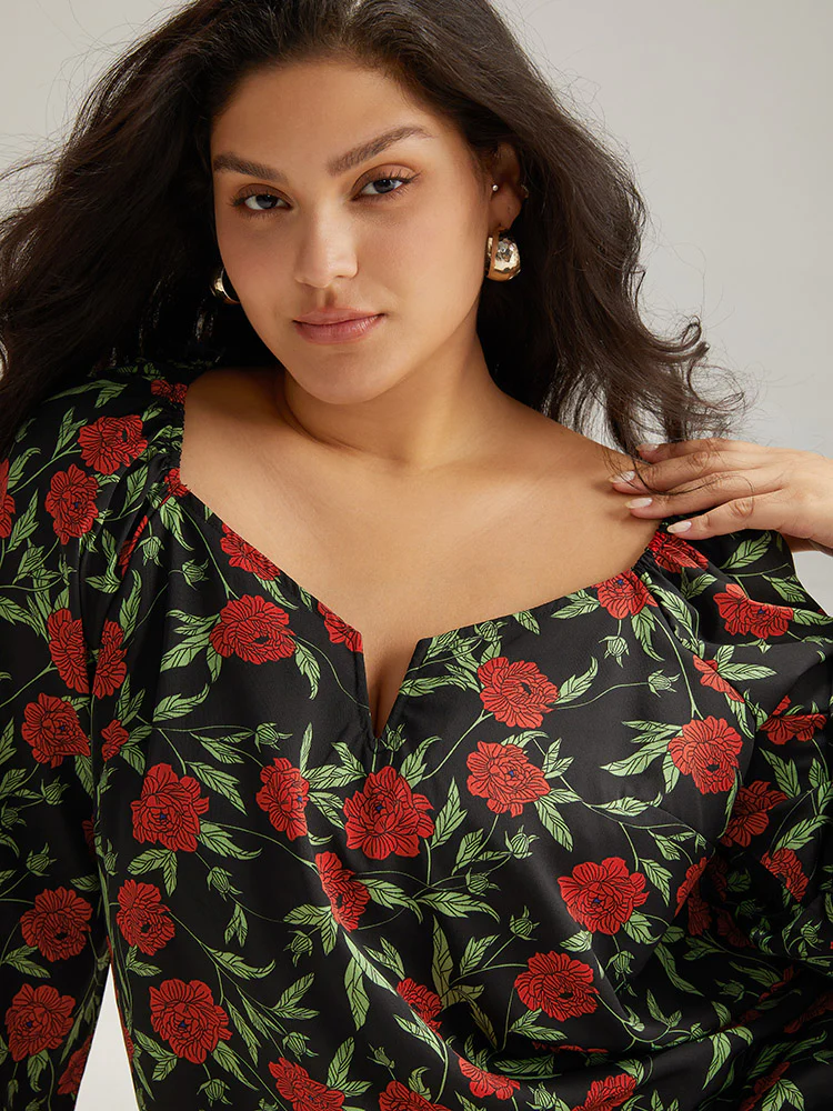Floral Print Notched Lantern Sleeve Blouse - Image 6