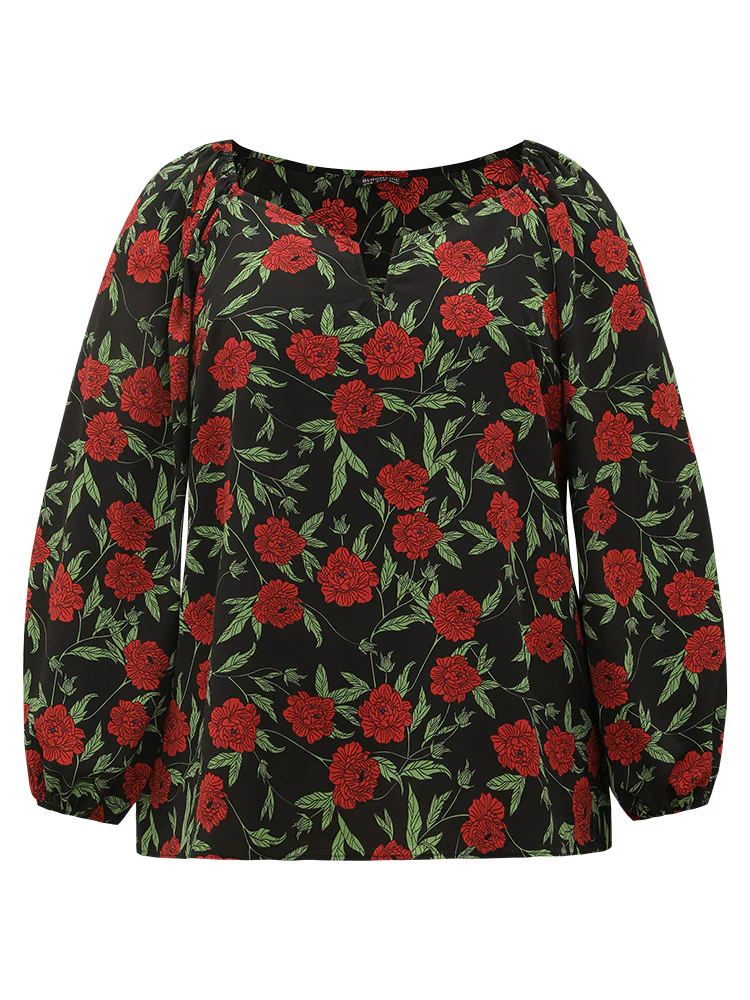Floral Print Notched Lantern Sleeve Blouse - Image 7