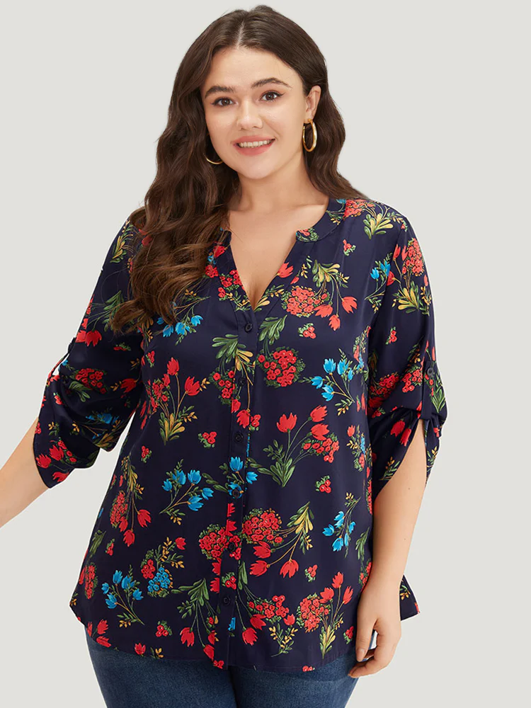 Floral Print Notched Tab Sleeve Blouse - Image 2