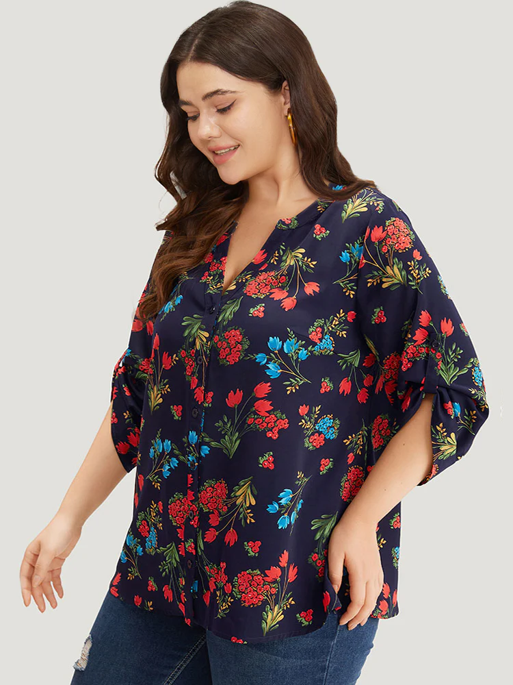 Floral Print Notched Tab Sleeve Blouse - Image 3